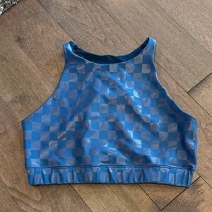 Peloton checkered blue sports bra